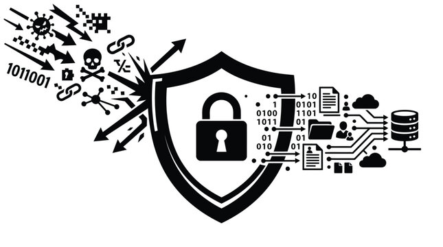 Cyber security shield icon protecting sensitive digital data from malicious virus attacks and threats shown in this professional black and white graphic design vector illustration art