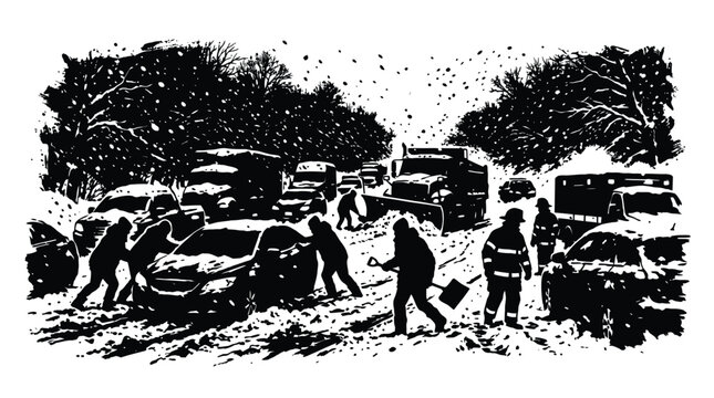 Black and white artistic photograph showing people pushing a stuck car during a heavy winter snowstorm while a plow clears the road for stranded motorists