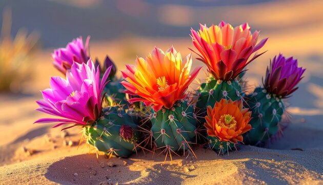 Vibrant Desert Cactus Blooms in Golden Hour Sunlight.