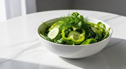Obraz premium A vibrant fresh green salad served in a minimalist white bowl on a bright marble surface with soft natural lighting and herbal garnishes, vegan, spinach, marble