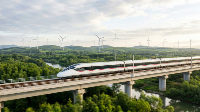 Ecological urban transit high speed train railway bridge wind turbine ecological urban transit high speed train. Eco friendly mobility. sustainable commuting innovation, future system efficiency