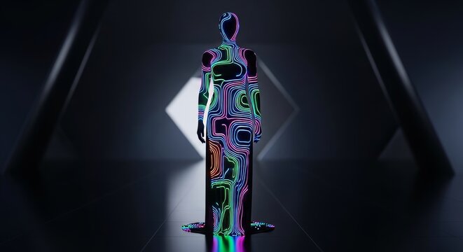 High-tech illuminated couture glows with vibrant neon patterns on a sleek form within a dark, metallic environment of the distant future, background, fiber, aesthetic