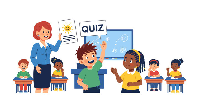 Classroom Quiz Time: A teacher leads a vibrant quiz session, engaging students with questions and fostering a stimulating learning environment.
