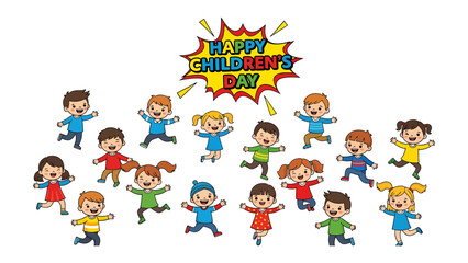 Fototapeta premium Celebrating Childhood: A vibrant illustration captures the essence of Children's Day with a joyful group of kids jumping in excitement.