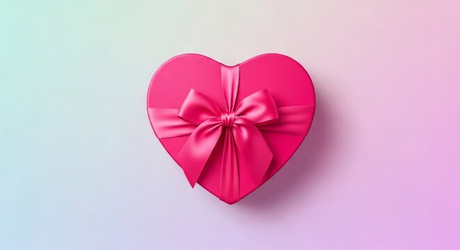 Minimalist flat illustration of a pink heart-shaped gift box with a silk ribbon on a soft pastel background featuring subtle grain texture, ribbon, background, box