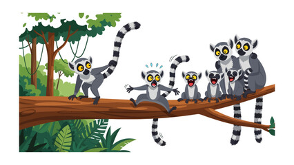 Lemurs on a Branch: A whimsical illustration depicts a playful gathering of lemurs perched on a sturdy tree branch, capturing their expressive faces and unique striped tails. © Atiya