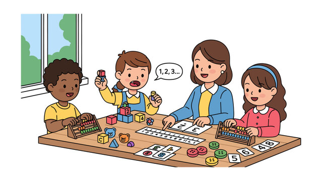Early Education: Young students and a caring teacher are immersed in an engaging math lesson, learning basic arithmetic with colorful tools and materials.