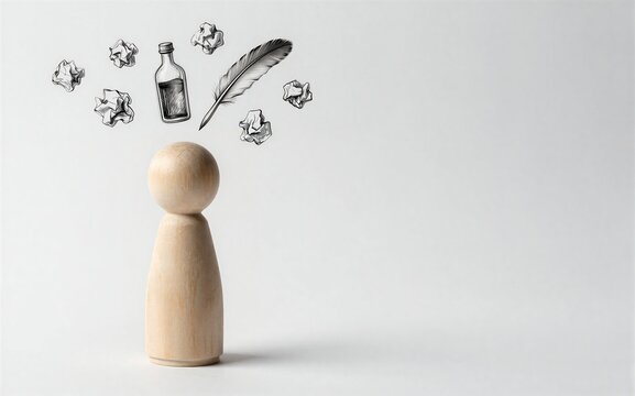 Wooden figure with floating ink bottle feather and crumpled paper