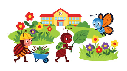 Naklejka premium School Day for Insects: A delightful scene of insects marching toward a school building, embracing the joy of learning and teamwork with cheerful expressions and playful energy.