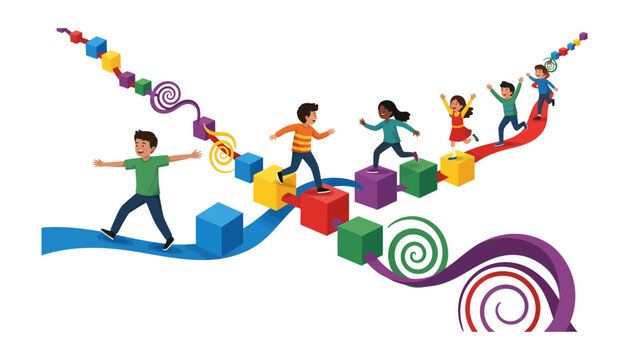 Children's Journey of Progress: An artistic depiction of children navigating a vibrant, colorful path, symbolizing growth, learning, and the pursuit of dreams.