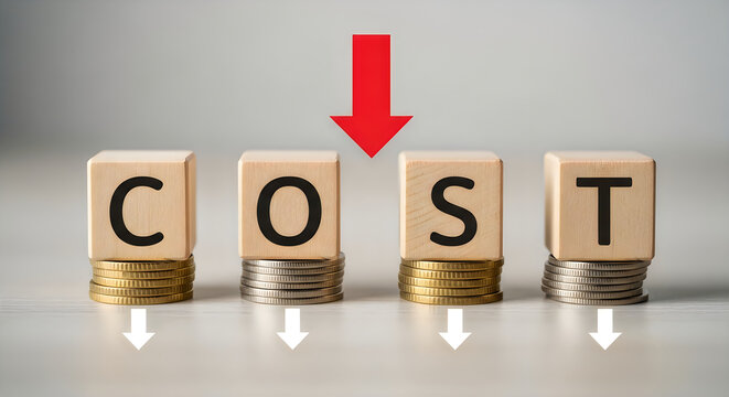 Cost concept with wooden blocks and coins
