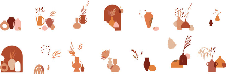 Minimalist boho vase and botanical decor collection, abstract earthy home decoration elements in modern flat vector style © mdanichur