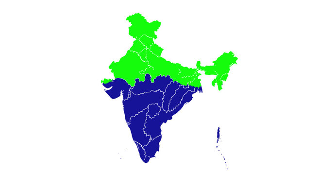 India Map Divided Green and Blue Regions, Political Division, Geographic Outline