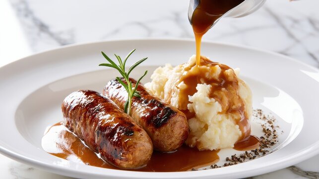 Grilled pork sausages and mashed potatoes with savory gravy pouring on a white plate over marble in a sharp macro close-up for culinary menu marketing