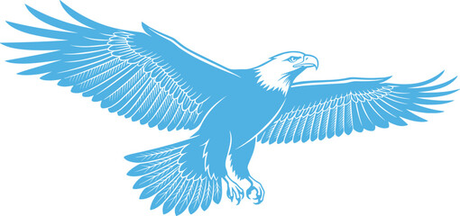 Majestic bald eagle soaring with wings spread wide in a detailed blue vector illustration isolated on white © Monzurul
