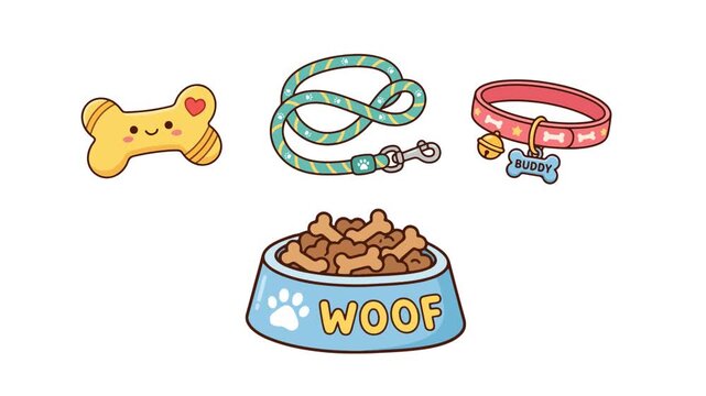 Cute dog accessories including a leash, collar, and food bowl animation in a looping 4k motion video clip sequence