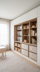 Obraz premium A modern built-in shelving unit filled with toys and labeled bins. The room is bright and minimalist, promoting focus and order. Ideal for home organization and early childhood education content.