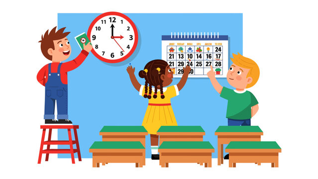 Classroom Chronicles: A vibrant scene unfolds as diverse children engage with the elements of time and schedule in an educational setting. It's a colorful depiction of learning. 