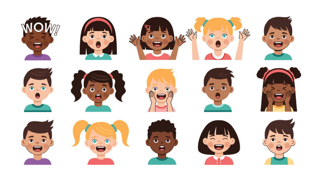 Diverse Children Expressions: A vibrant array of illustrations captures a spectrum of emotions among children, from astonishment to delight, showcasing the beauty of childhood expressions.