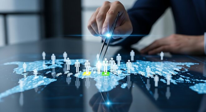 Niche market targeting. A strategist's hand uses holographic 'tweezers' to select a small group of person icons from a larger crowd.