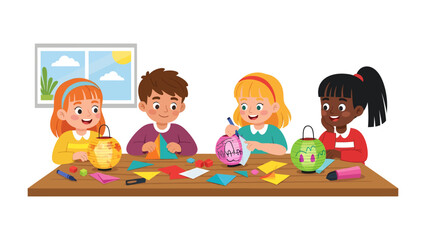 Kids' Lantern Crafting: A group of children diligently create colorful lanterns at a table. Each child's concentration reflects the joy of crafting and the vibrant nature of their projects. © Abu