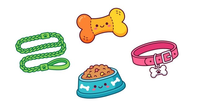 Cute animated dog accessories featuring a playful leash, a happy bone treat, a food bowl, and a pink collar