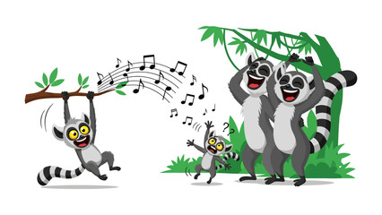 Musical Lemur Ensemble: A vibrant cartoon scene of lemurs engaged in a musical performance, with one swinging, another conducting, and a group singing along, filled with energy and playful movement. © Abu