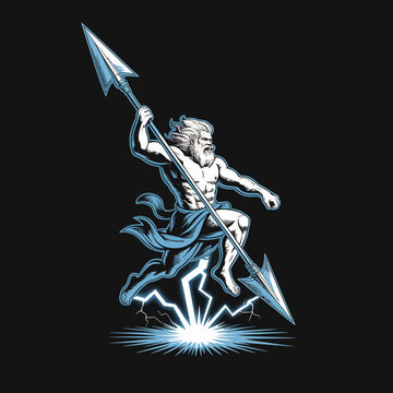 Poseidon with trident and lightning bolts.