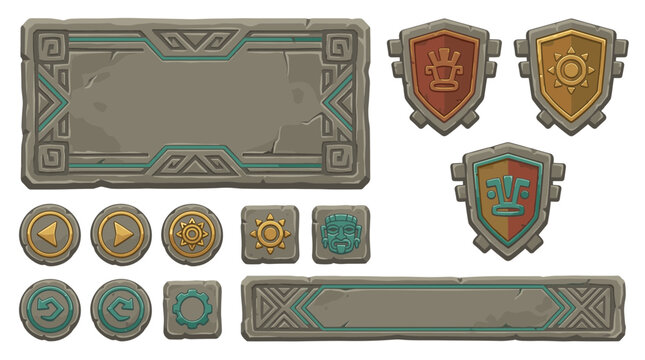 Fantasy Game User Interface Asset Set with Stone Panels, Medieval Buttons, Shield Badges, and RPG Menu Design Elements