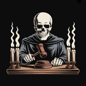 Skeleton holding a gavel and sitting.