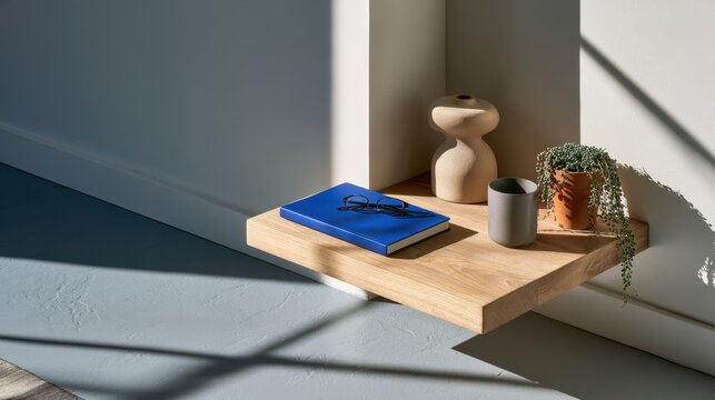 Minimalist wooden floating shelf with blue notebook and ceramic decor in bright afternoon sunlight for home office and interior design marketing
