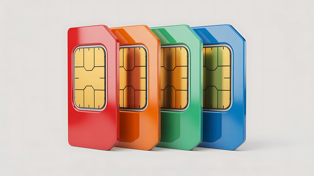 Row of colorful sim cards with sim card communication technology connection electronic hardware information internet portable telephone wireless