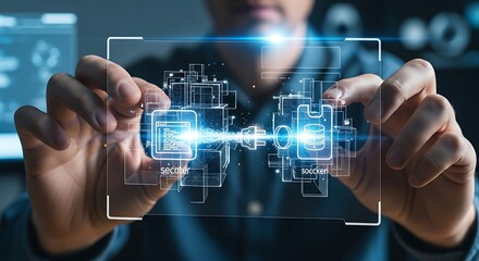 Obraz premium API integration concept. A developer's hands connect a 'plug' from one application to a 'socket' of another on a holographic interface.