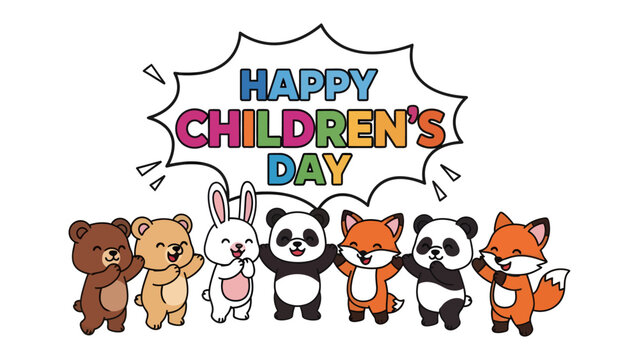Happy Children's Day Celebration: A joyful illustration for children's day featuring adorable animal characters united in a celebratory gesture, sharing smiles, and expressing the spirit of childhood.