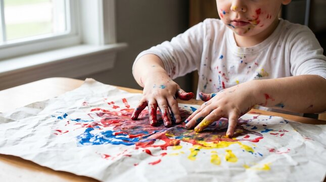 A young child with paint on face and hands finger painting on paper. This image captures the joy and mess of early childhood creativity. Perfect for parenting or education content.