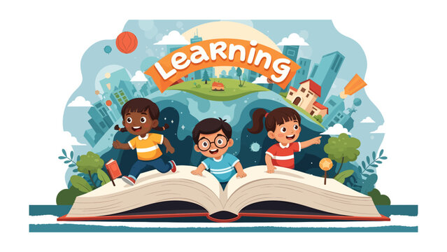 The Joy of Learning: Three young learners embark on a journey of education and discovery, finding inspiration within the pages of an open book.