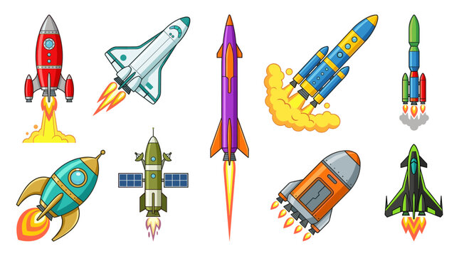 Rocket Launch and Spacecraft Icon Set with Futuristic Space Vehicles, Shuttle Boosters, and Cosmic Exploration Illustrations