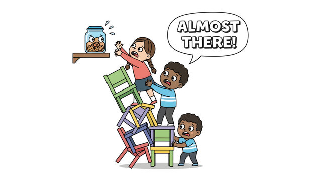 Almost There: A children's illustrated image captures a determined spirit. Two children help another to reach a jar atop a stack of chairs, with a motivational speech bubble: Almost There! 