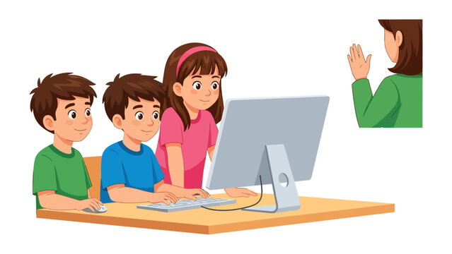 Virtual Learning Classroom: Children engaged in an interactive online lesson, connecting with their teacher via computer, the joy of learning.