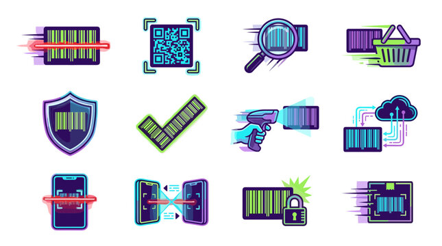 Barcode Scanning and Inventory Control Icon Set with QR Code Reader, Product Tracking, Secure Retail, and Digital Checkout Symbols