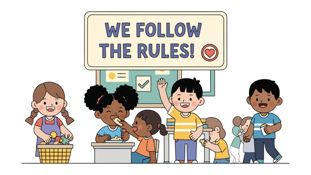  Following Rules: A cheerful group of children adheres to rules, with a board displaying the message of We follow the rules.