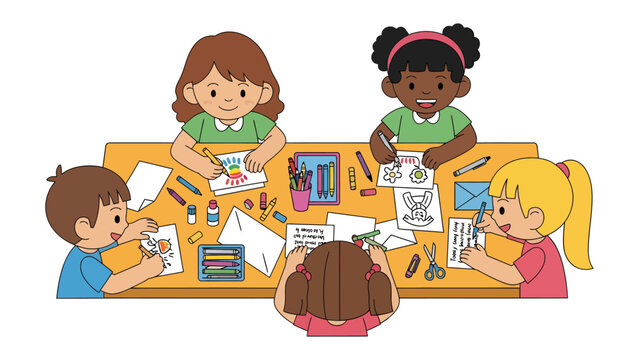 Creative Minds at Work: A group of children enthusiastically engage in creative activities around a table, expressing themselves through art and crafts.