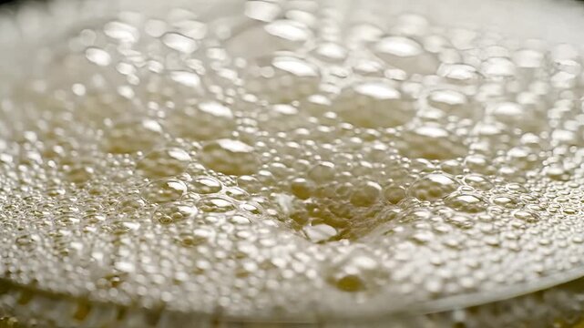 Close up of champagne bubbles forming and rising in a glass.