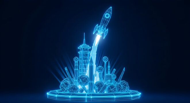 Glowing blue rocket launching from a futuristic city