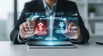 Break-even point analysis. A financial analyst's hands adjust a holographic scale until a 'revenue' icon and an 'expense' icon are perfectly balanced.