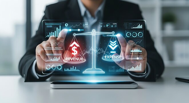 Break-even point analysis. A financial analyst's hands adjust a holographic scale until a 'revenue' icon and an 'expense' icon are perfectly balanced.