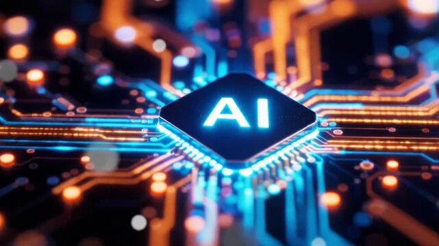 Futuristic AI Chip Concept - Artificial Intelligence Technology Circuit Board with Glowing Lights
