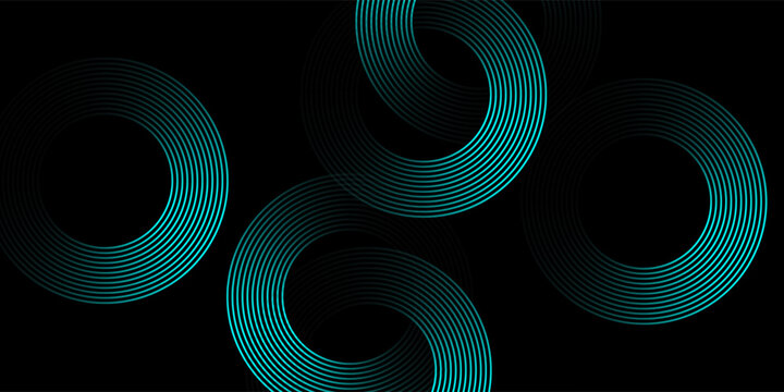 Abstract Black Background with Luminous Cyan Neon Concentric Circles and Speed Lines