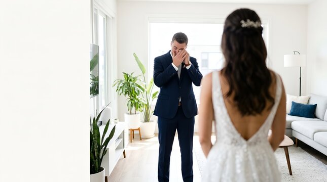 Groom's emotional first look at bride in wedding dress at home