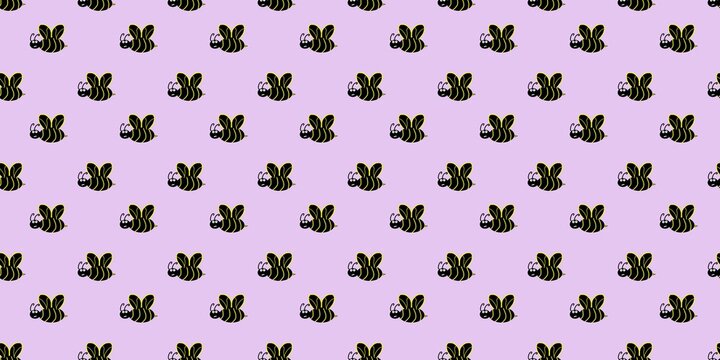 Seamless pattern of cute cartoon bees with black bodies and yellow wings isolated on a light purple background for textile design.